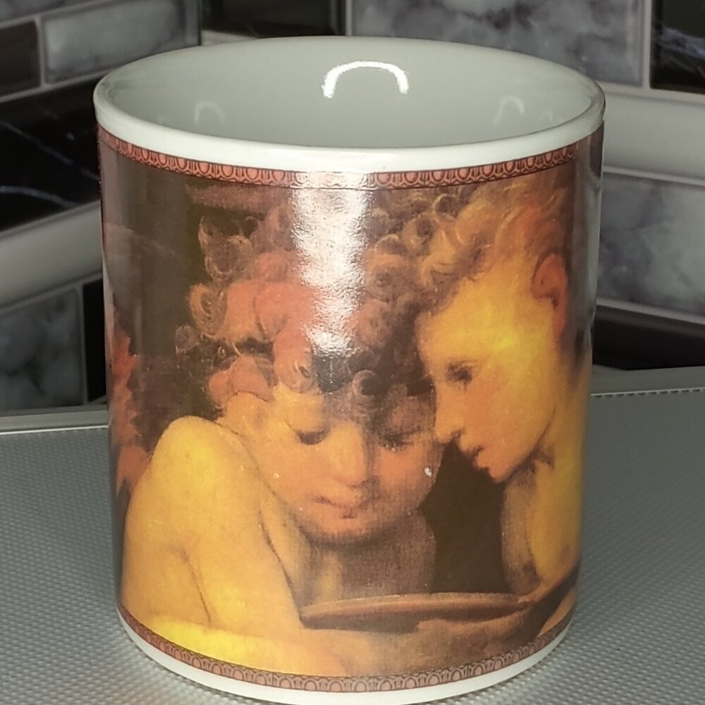 "2 CHERUBS", Coffee Mug PAINTING IMAGE, Ceramic Coffee Cup VINTAGE